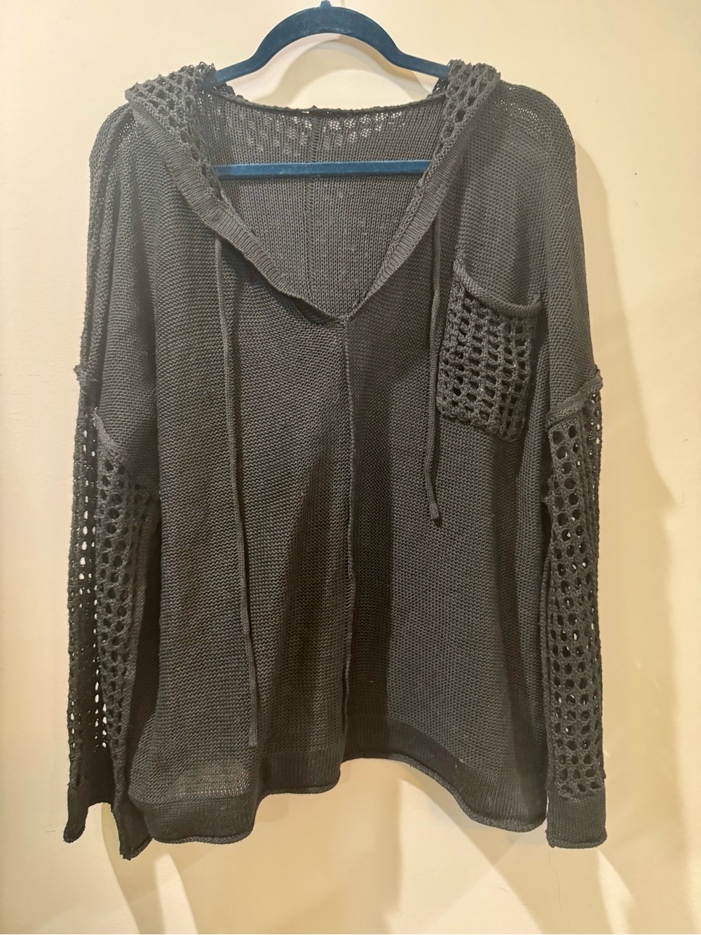 Lightweight Black Crochet Sleeve Hooded Sweater